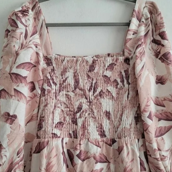 House of Harlow 1960 Linen Blend Smocked Tropical Midi Dress - Picture 3 of 12